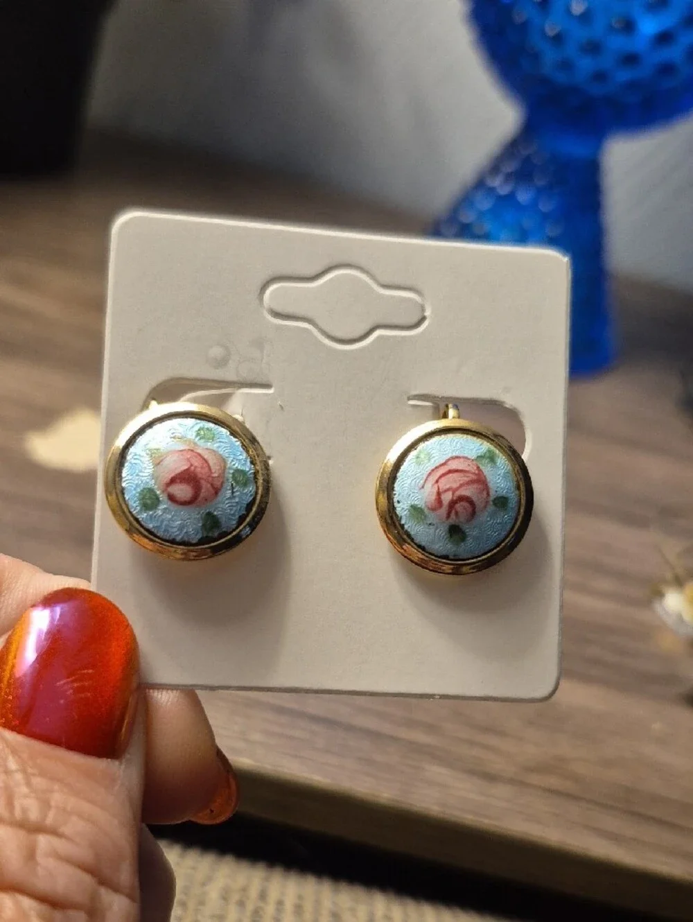 Vintage Rose Blue Guilloche Enamel Earrings, Enamel Earrings, Screw Back